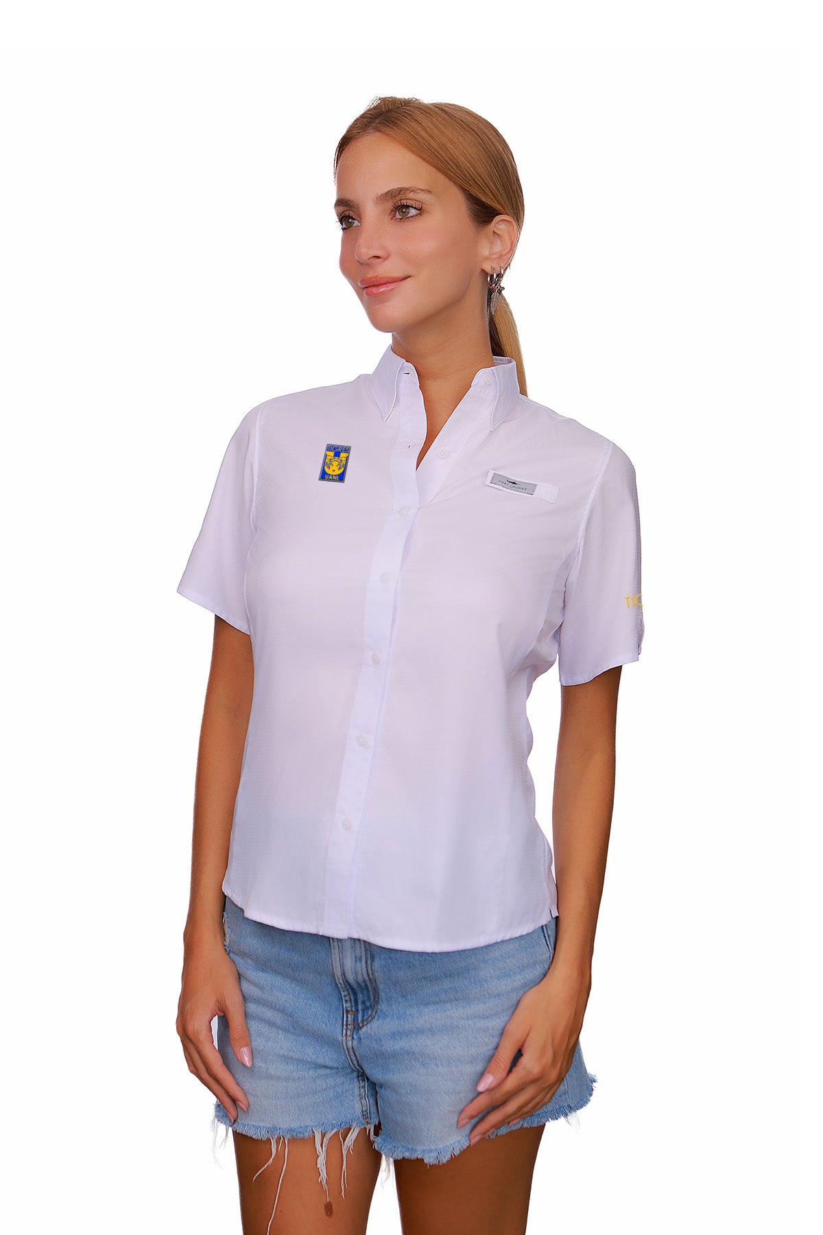 Blusa Tipo Pescador Mujer Manga Corta color Blanco Fort Lauder Edición Tigres