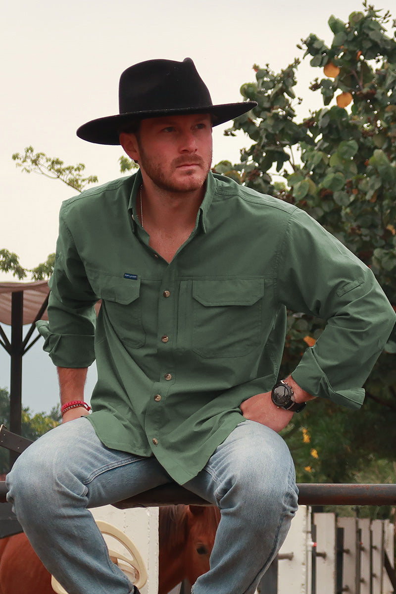 Camisa para rancho King Ranch Manga Larga Color Verde Olivo Fort Lauder
