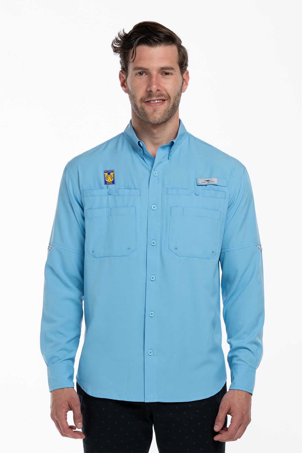 Camisa Tipo Pescador Hombre Manga Larga Azul Celeste Fort Lauder Edición Tigres
