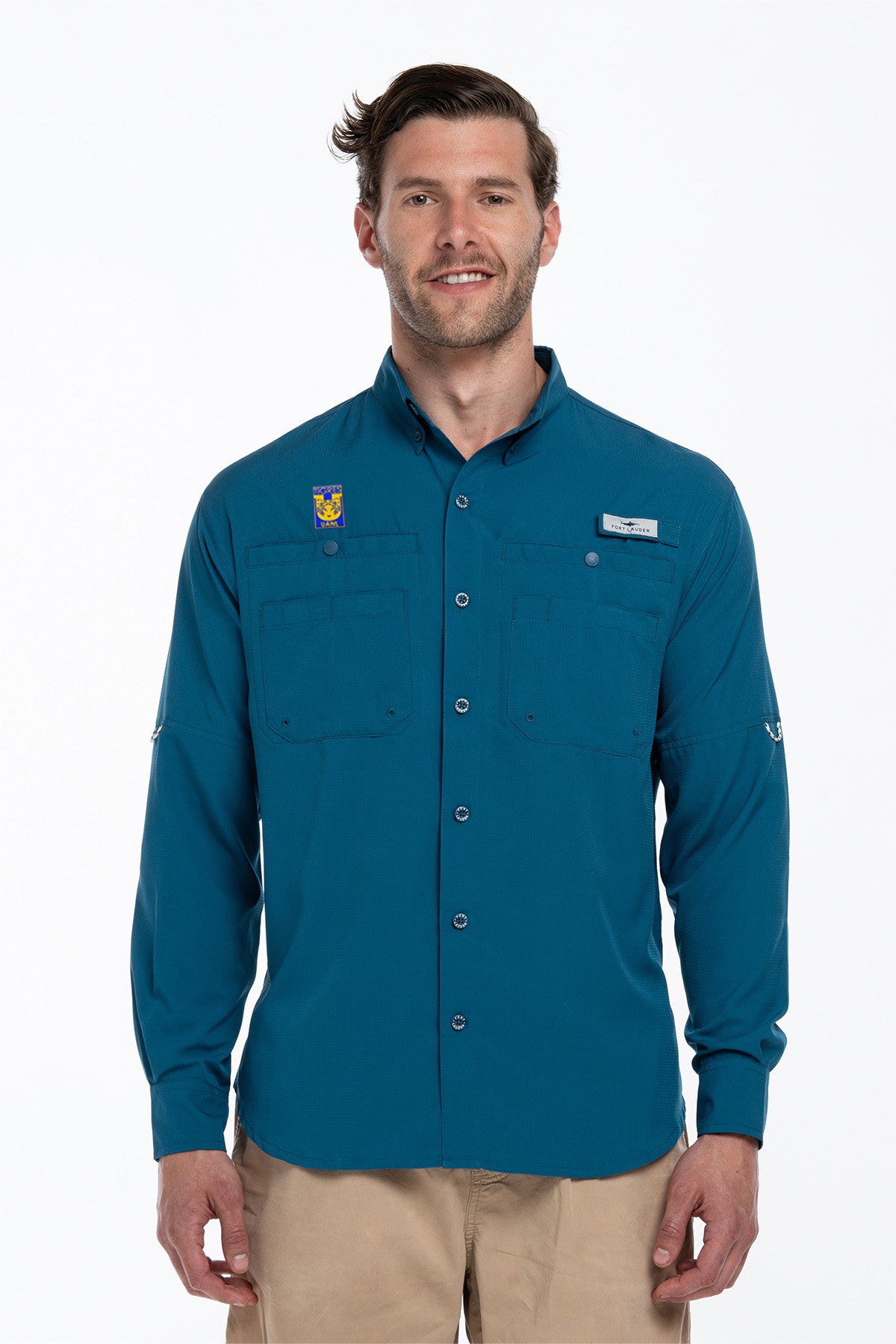 Camisa Tipo Pescador Hombre Manga Larga Color Azul Cenizo Fort Lauder Edición Tigres
