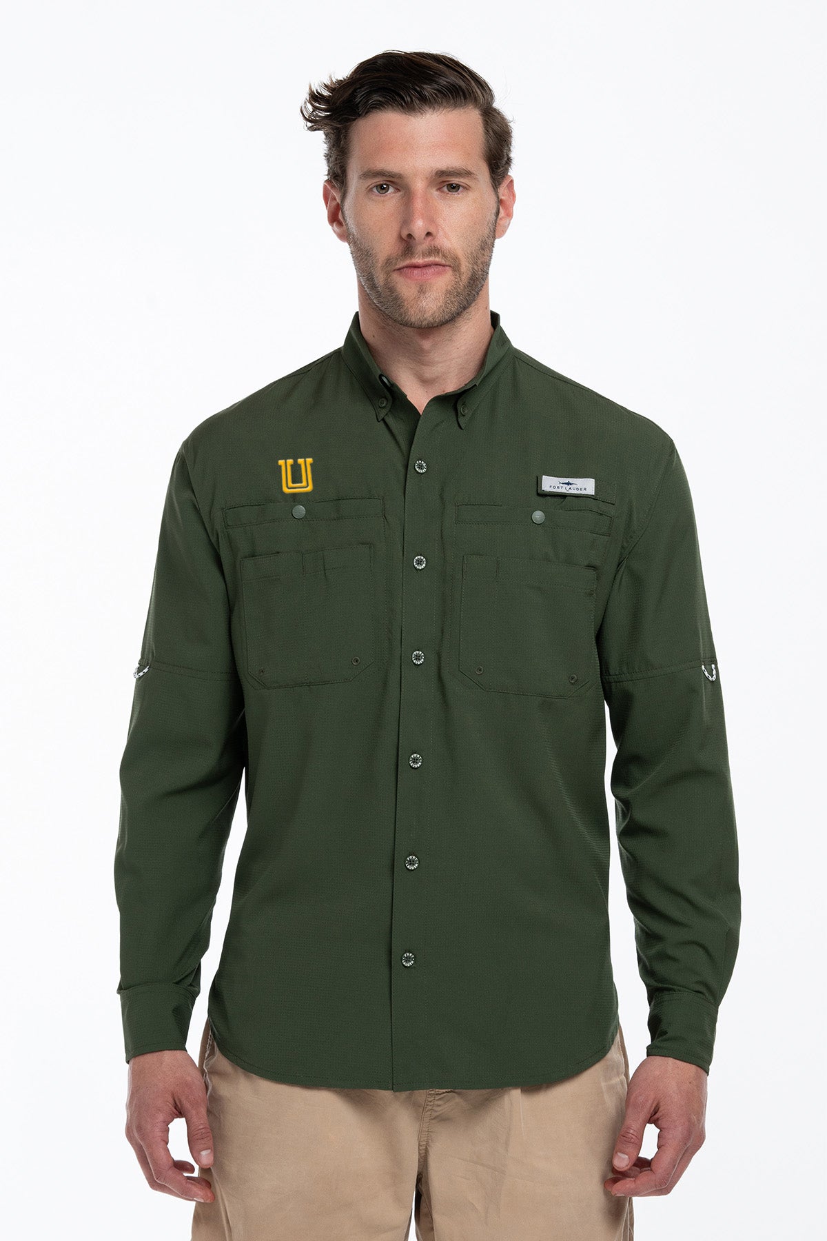 Camisa Tipo Pescador Hombre Manga Larga Color Verde Olivo Fort Lauder Edición Tigres Logo UANL