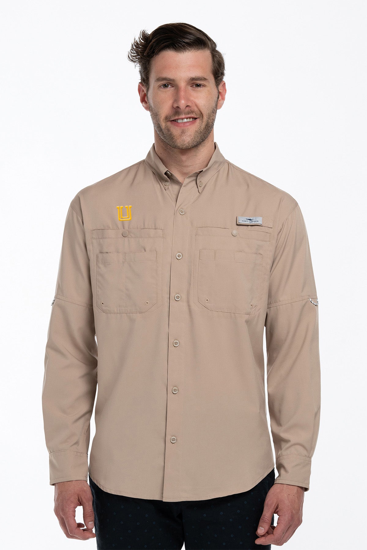 Camisa Tipo Pescador Hombre Manga Larga Kaki Fort Lauder Edición Tigres Logo de la UANL