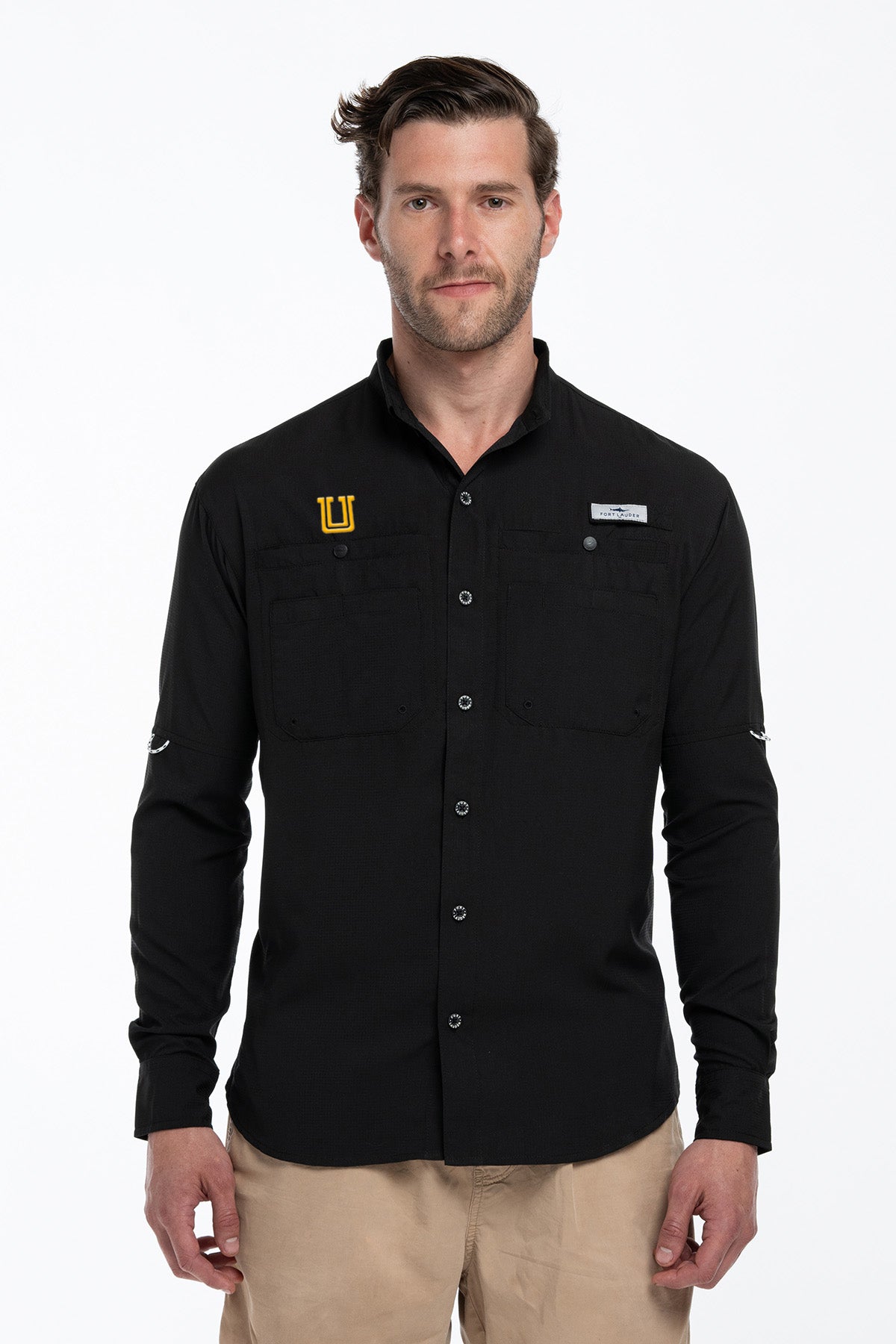 Camisa Tipo Pescador Hombre Manga Larga Negra Fort Lauder Edición Tigres Logo UANL