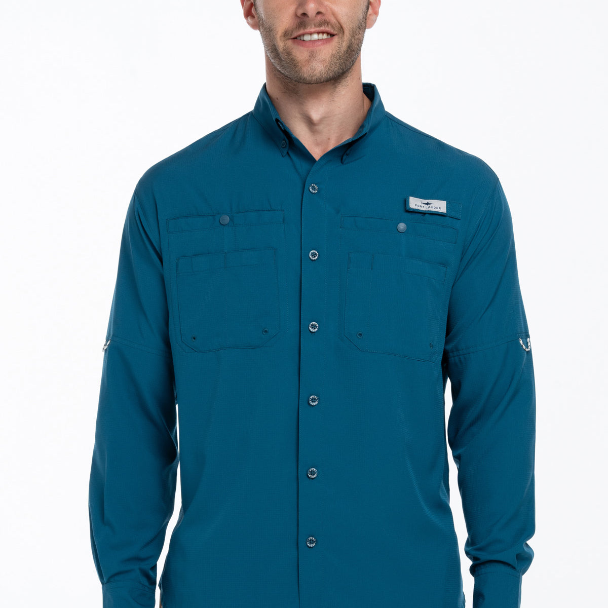 Camisa Tipo Pescador Hombre Manga Larga Color Azul Cenizo ...