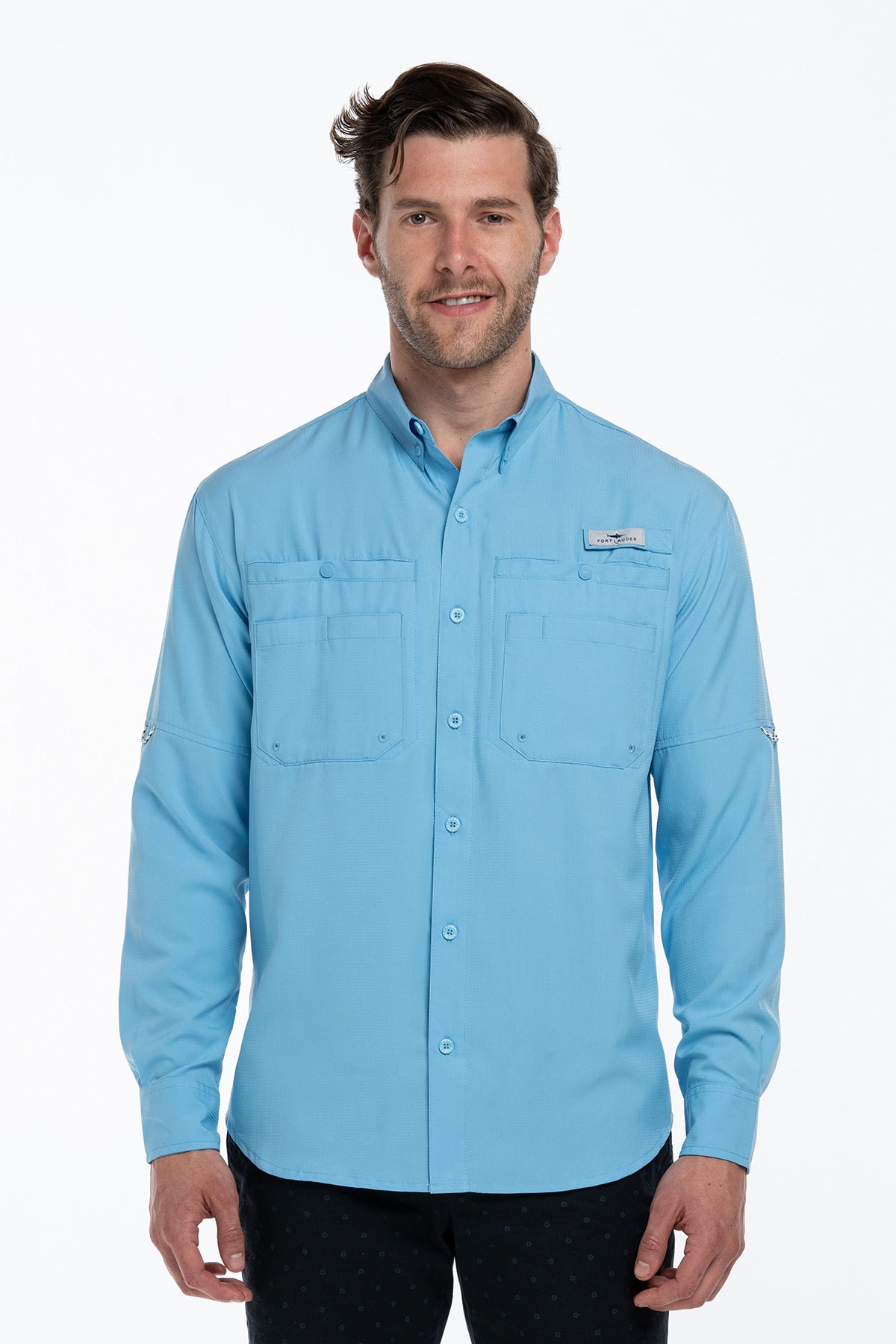 Camisa Tipo Pescador Hombre Manga Larga Azul Celeste Fort Lauder frente