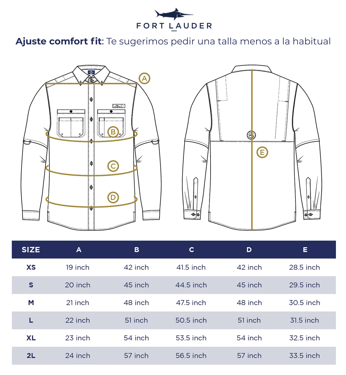Guía Tallas Camisa Tipo Pescador Manga Larga Hombre Fort Lauder
