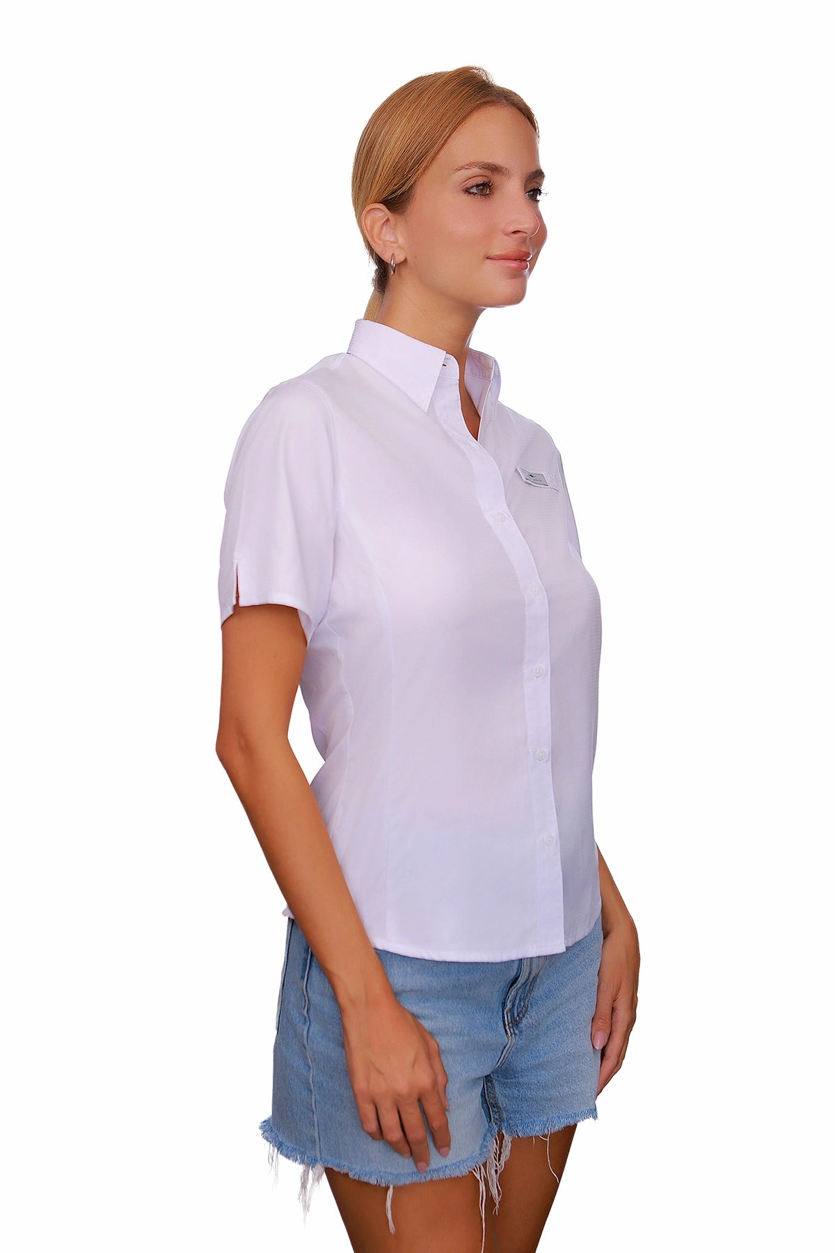 Blusa Blanca tipo Pescador Manga Corta Color Blanco marca Fort Lauder Lateral
