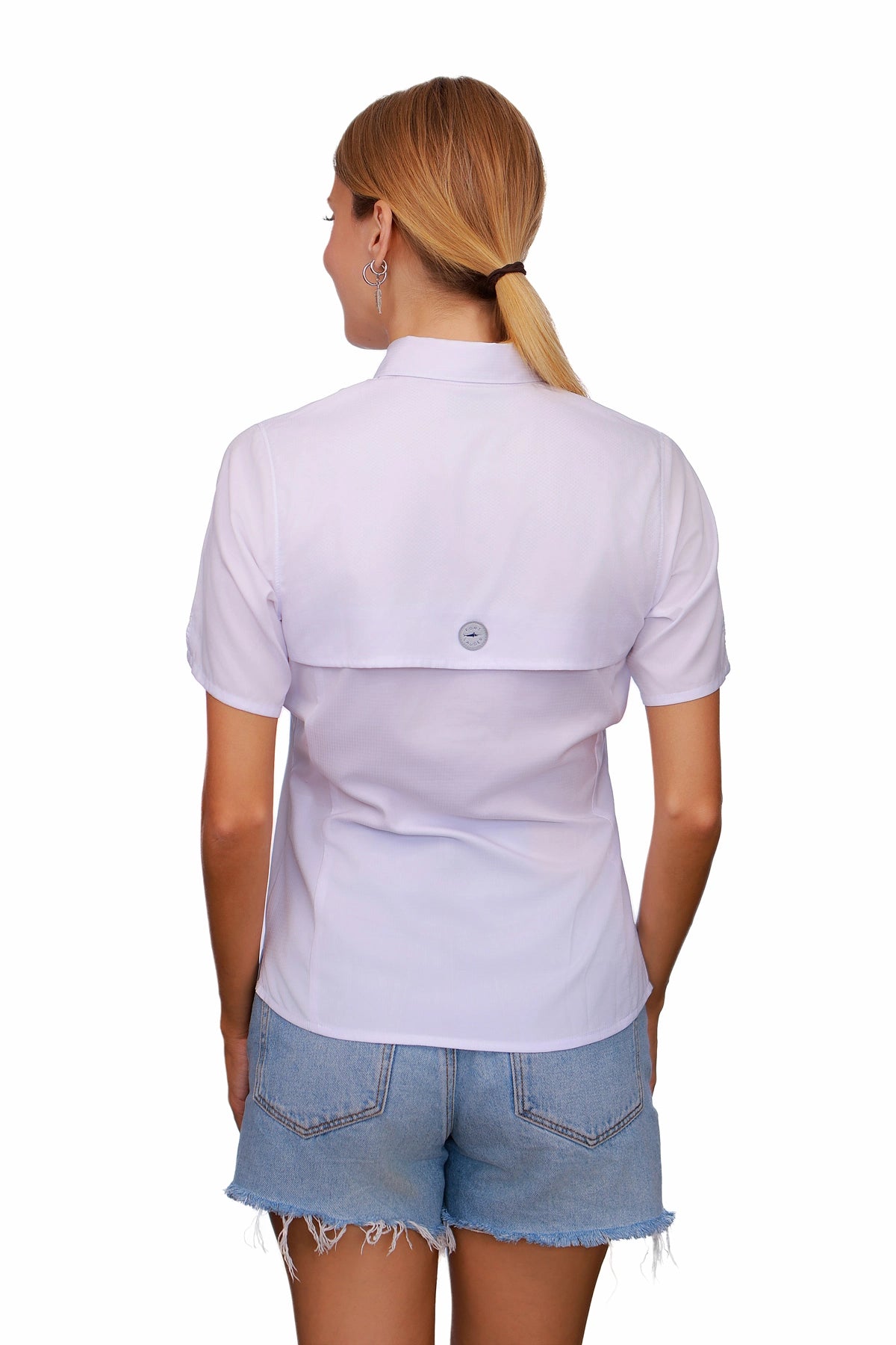 Blusa Blanca tipo Pescador Manga Corta Color Blanco marca Fort Lauder espalda