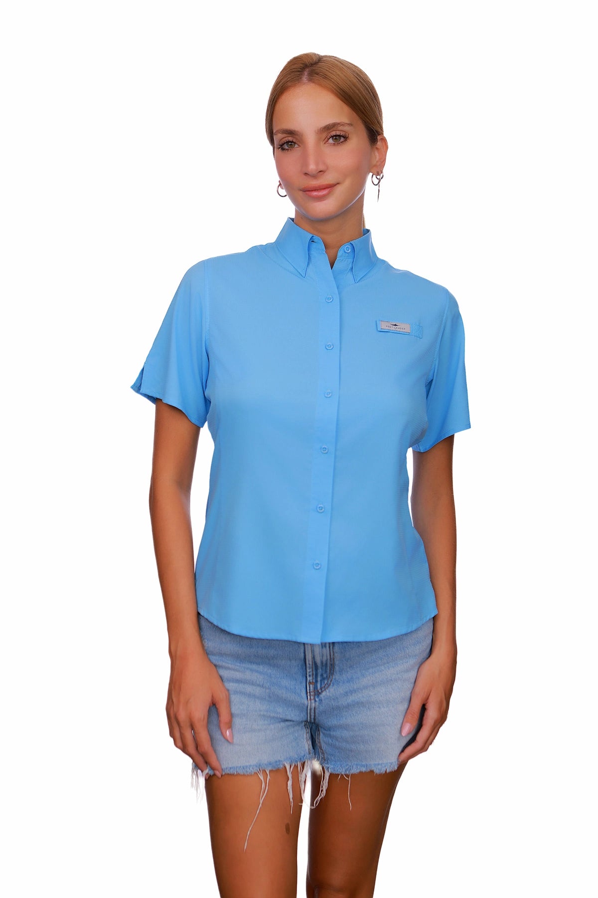 Blusa tipo Pescador Mujer manga corta color Azul Celeste frente