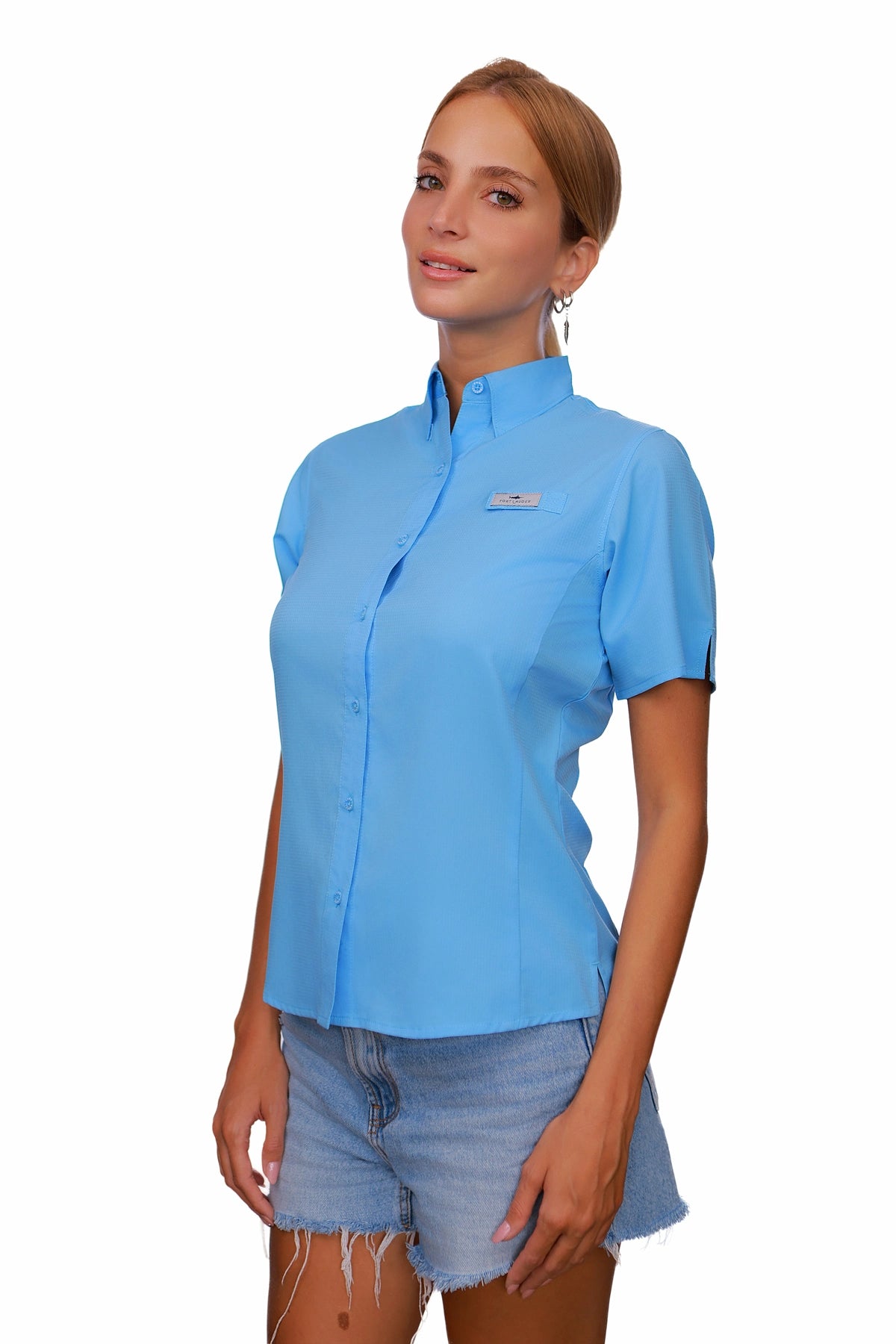 Blusa tipo Pescador Mujer manga corta color Azul Celeste vista lateral