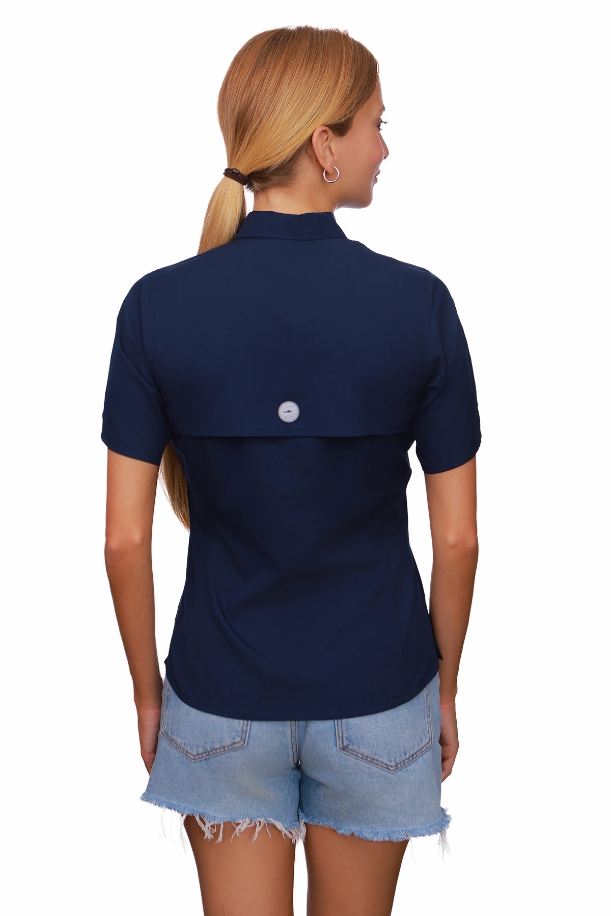 Blusa tipo Pescador de Mujer Manga Corta Azul Marino espalda