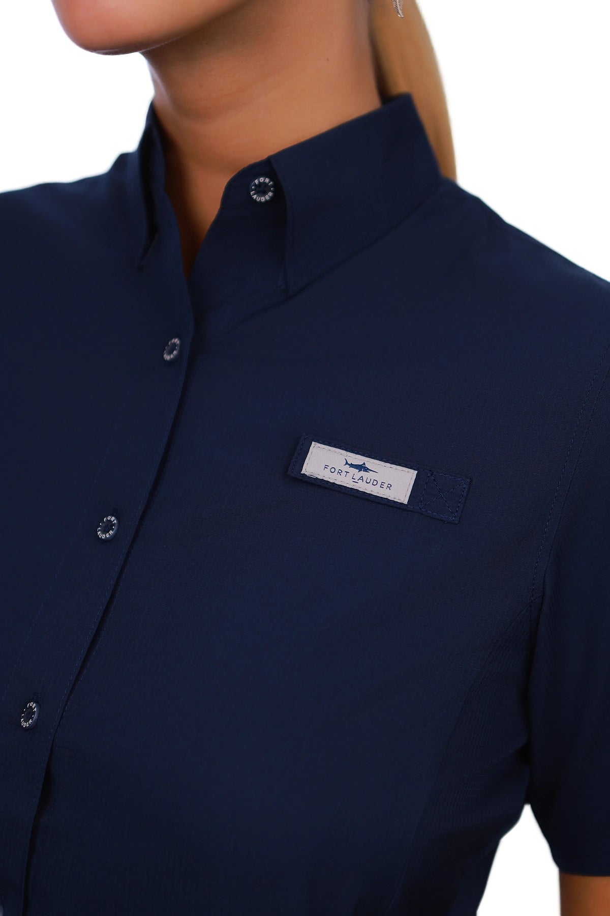 Blusa tipo Pescador de Mujer Manga Corta Azul Marino acercamiento frente