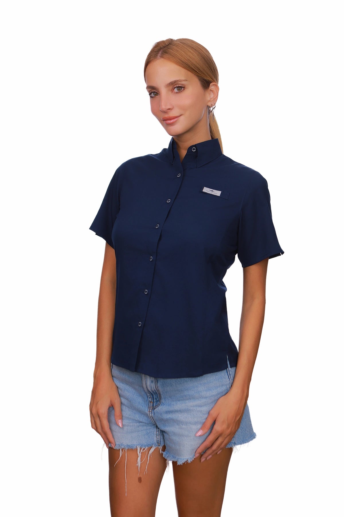 Blusa tipo Pescador de Mujer Manga Corta Azul Marino vista tres cuartos