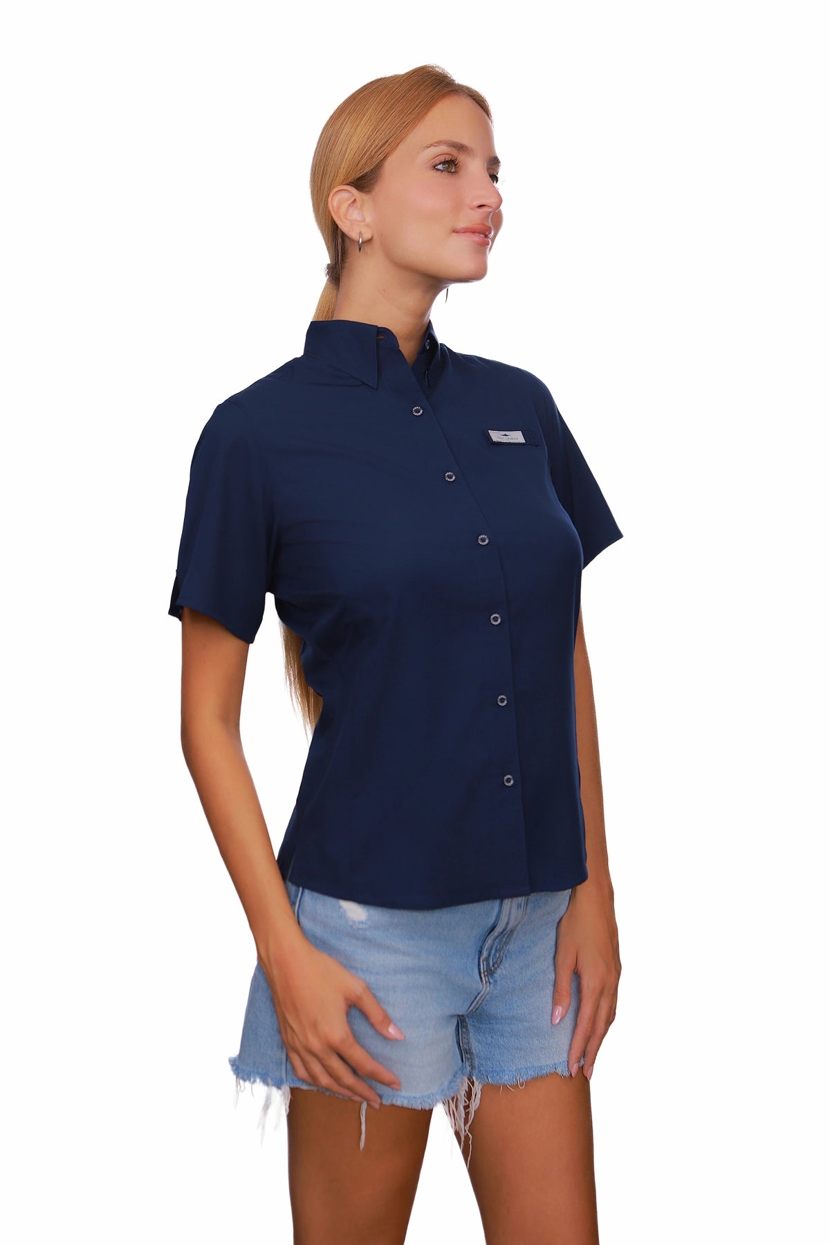 Blusa tipo Pescador de Mujer Manga Corta Azul Marino vista lateral