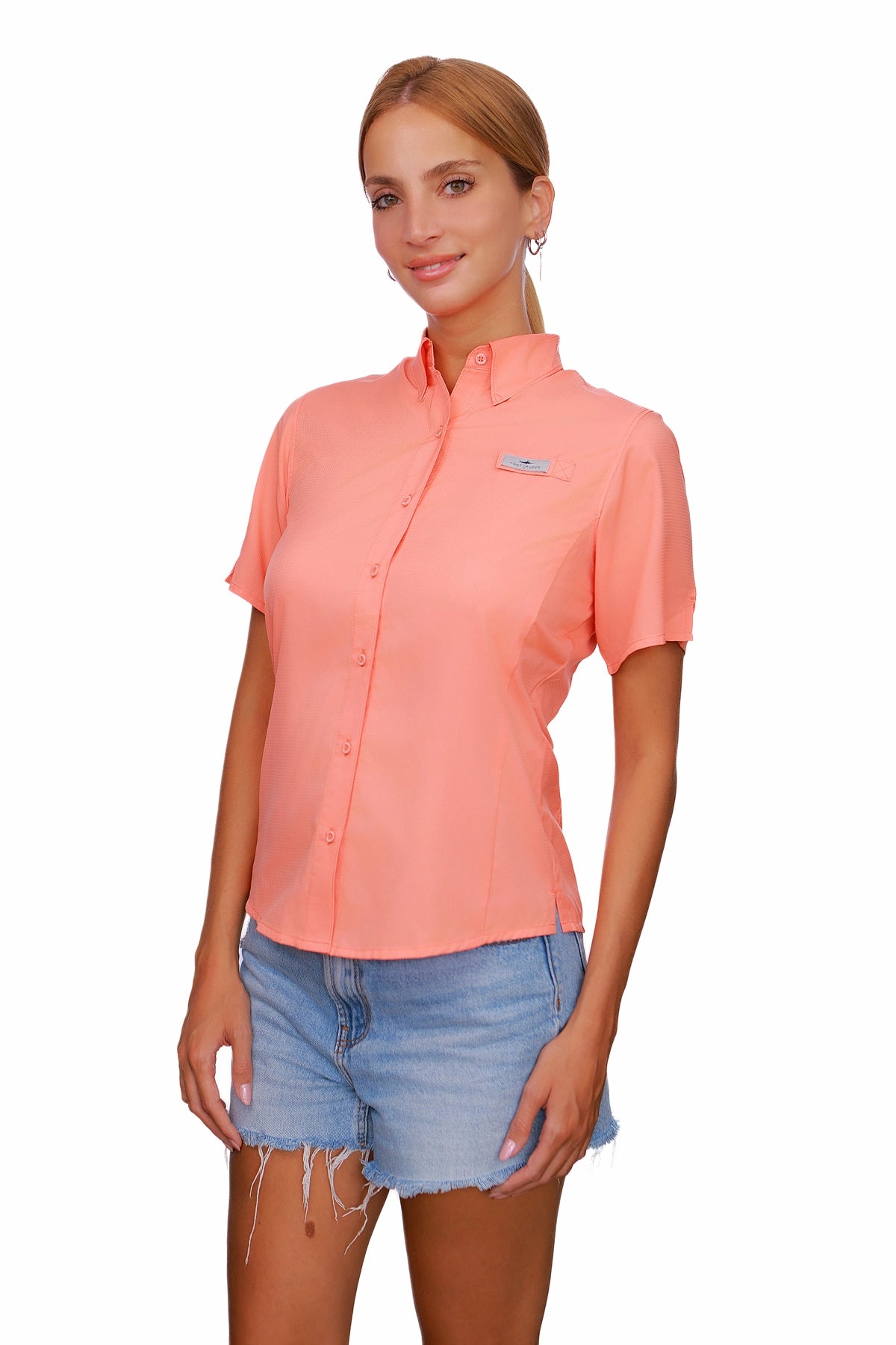 Blusa Tipo Pescador Mujer Manga Corta color Salmón Fort Lauder tres cuartos frente