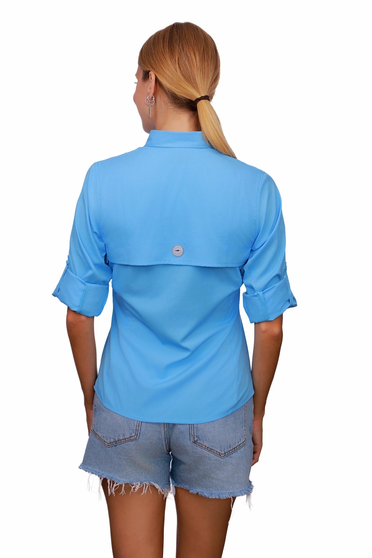 Blusa tipo Pescador Mujer manga larga color Azul Celeste espalda