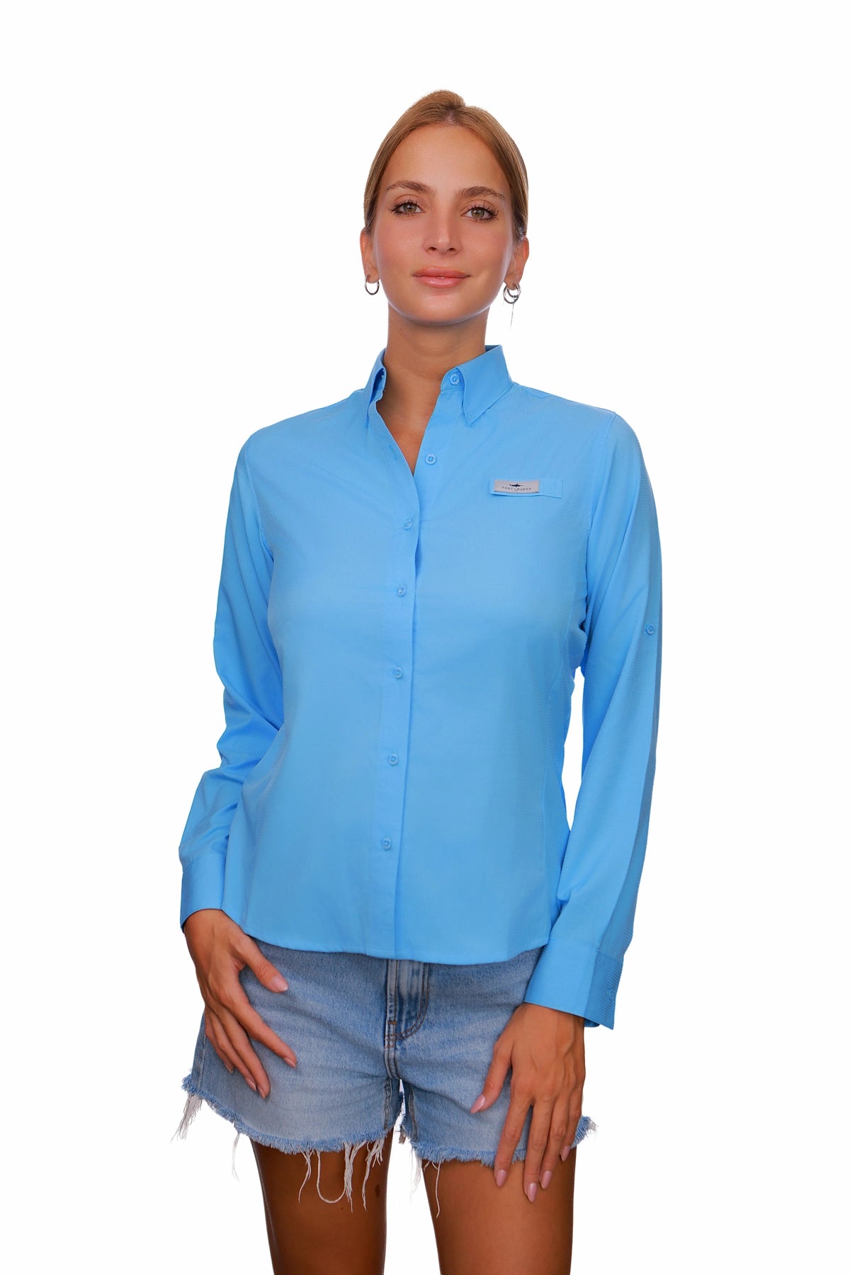 Blusa tipo Pescador Mujer manga larga color Azul Celeste espalda frente