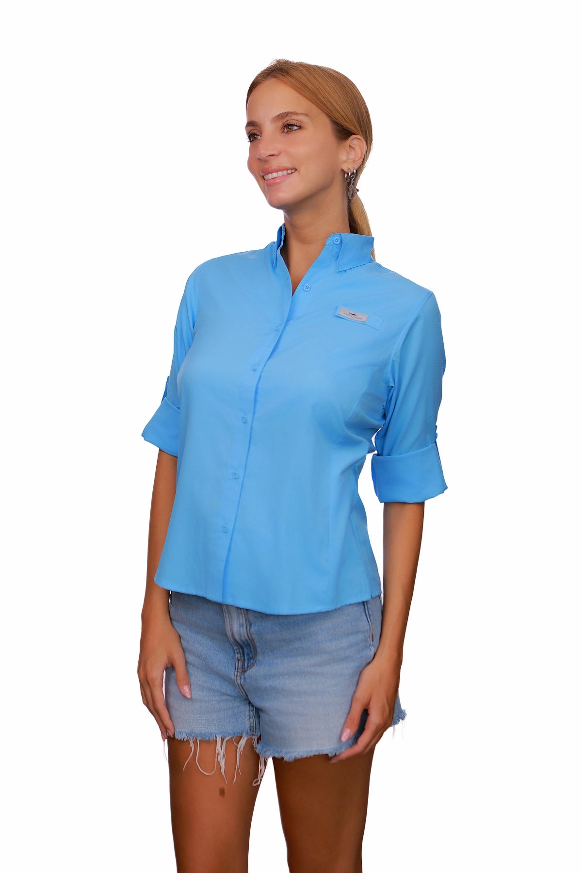 Blusa tipo Pescador Mujer manga larga color Azul Celeste lateral