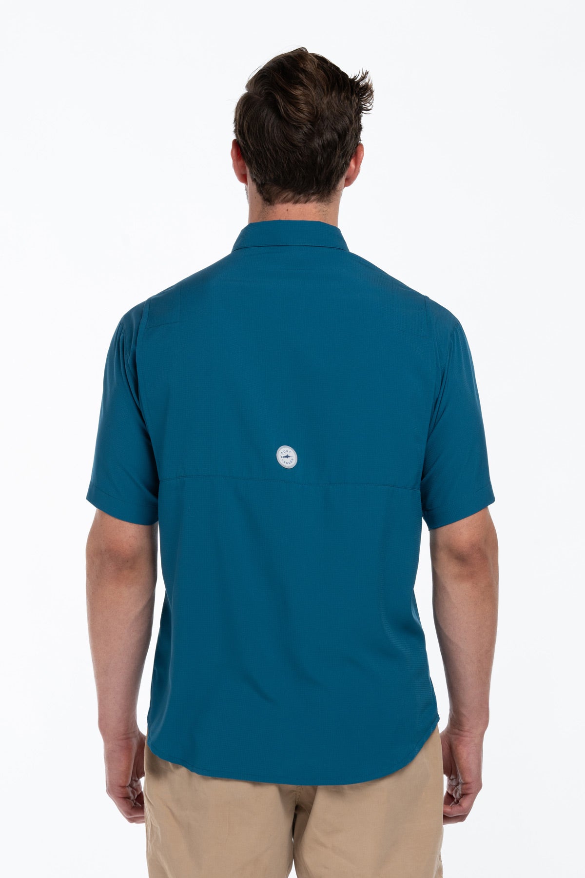 Camisa Tipo Pescador Hombre Manga Corta Azul Cenizo Fort Lauder espalda