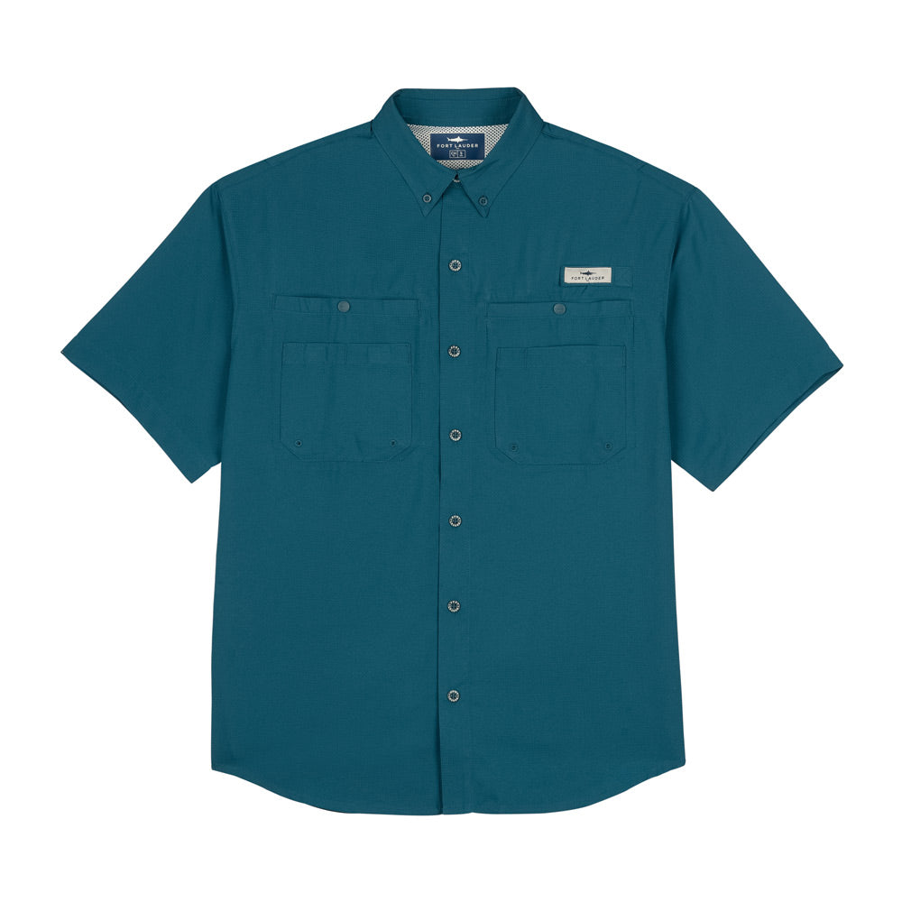 Camisa Tipo Pescador Hombre Manga Corta Azul Cenizo Fort Lauder frente