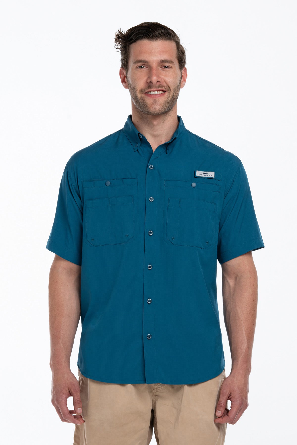 Camisa Tipo Pescador Hombre Manga Corta Azul Cenizo Fort Lauder frente