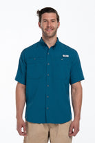Camisa Tipo Pescador Hombre Manga Corta Azul Cenizo Fort Lauder frente
