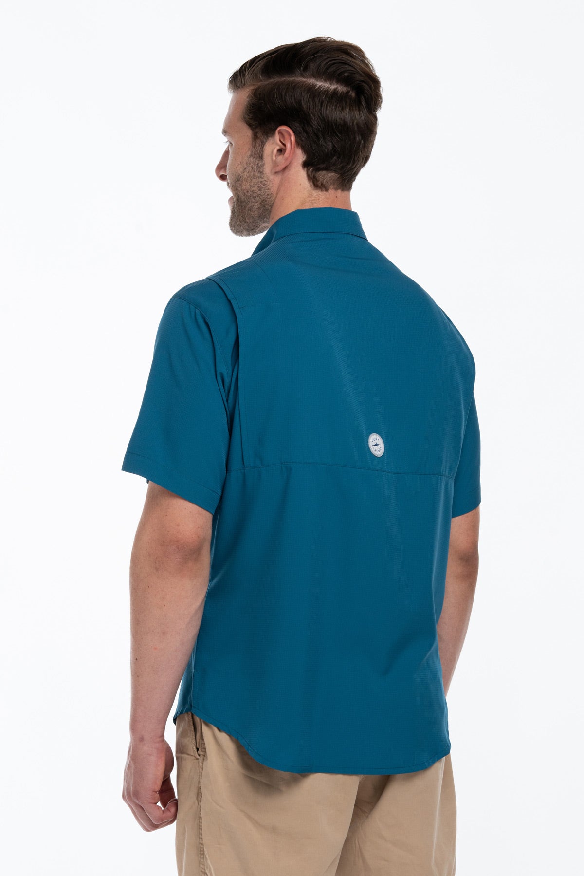 Camisa Tipo Pescador Hombre Manga Corta Azul Cenizo Fort Lauder lateral