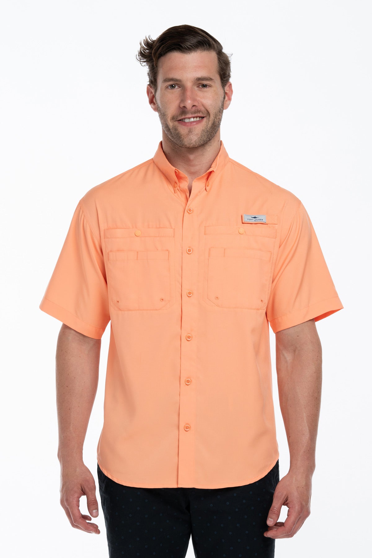 Camisa Tipo Pescador Hombre Manga Corta Naranja Fort Lauder frente