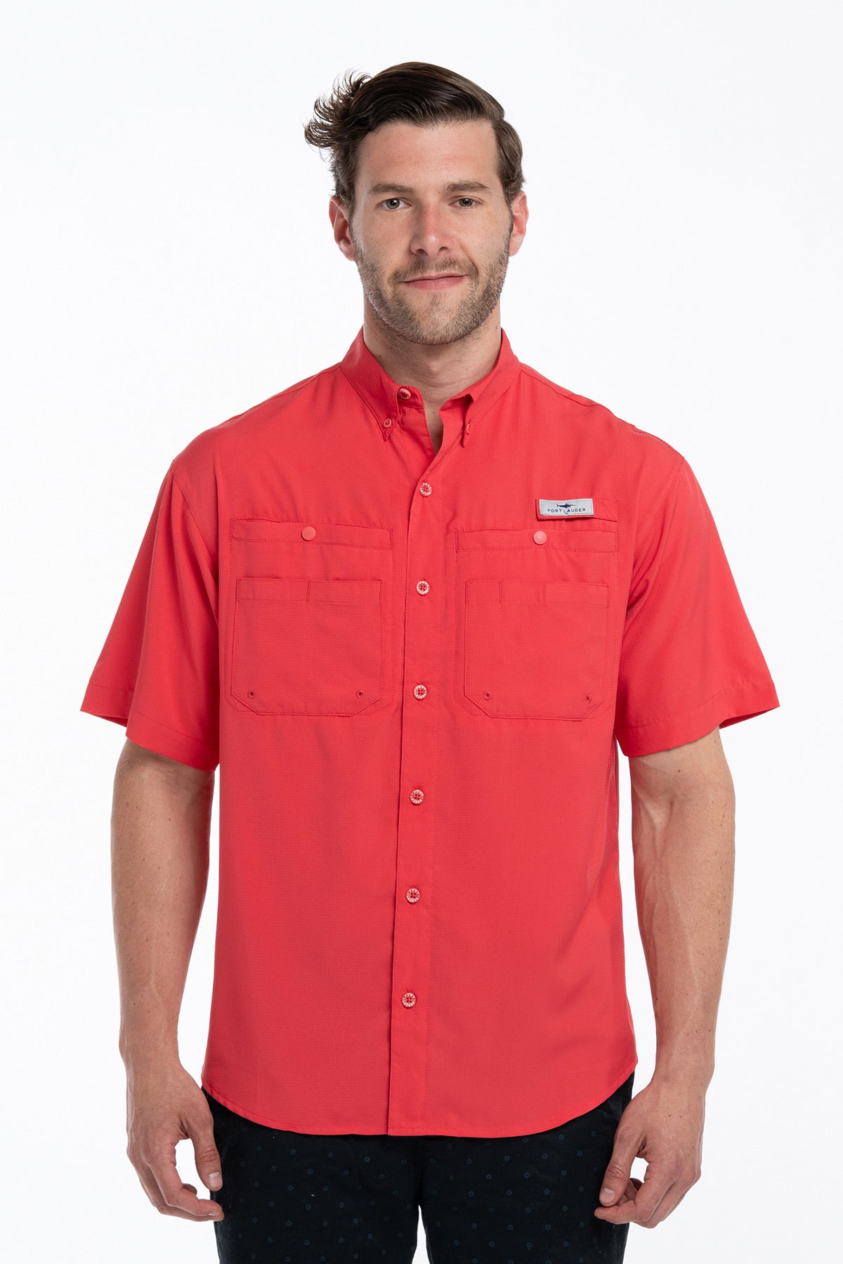 Camisa Tipo Pescador Hombre Manga Corta Color Rojo Outdoor Fort Lauder Frente
