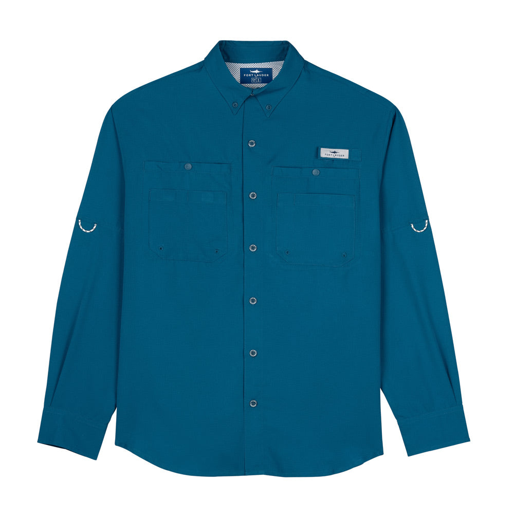 Camisa Tipo Pescador Hombre Manga Larga Color Azul Cenizo Fort Lauder