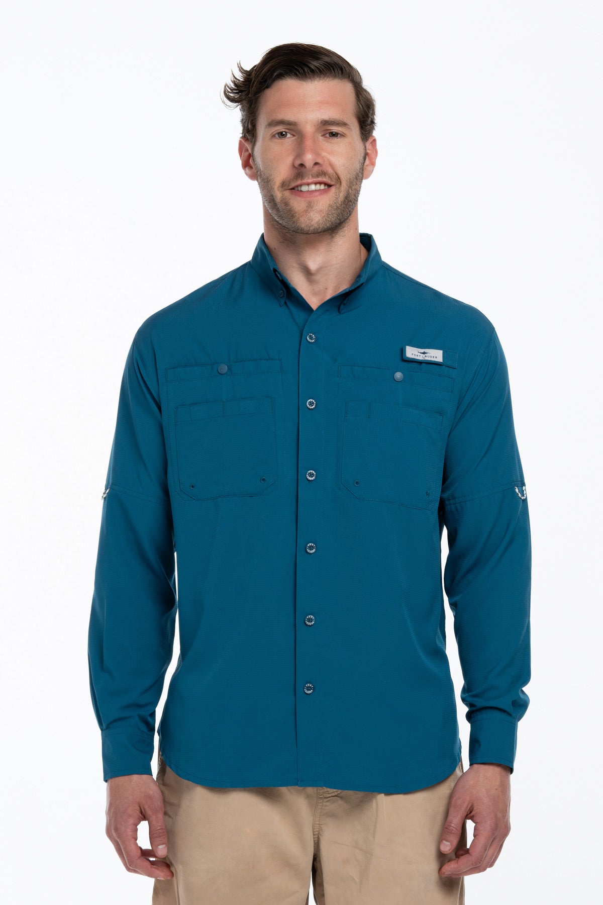 Camisa Tipo Pescador Hombre Manga Larga Color Azul Cenizo Fort Lauder frente