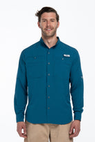 Camisa Tipo Pescador Hombre Manga Larga Color Azul Cenizo Fort Lauder frente