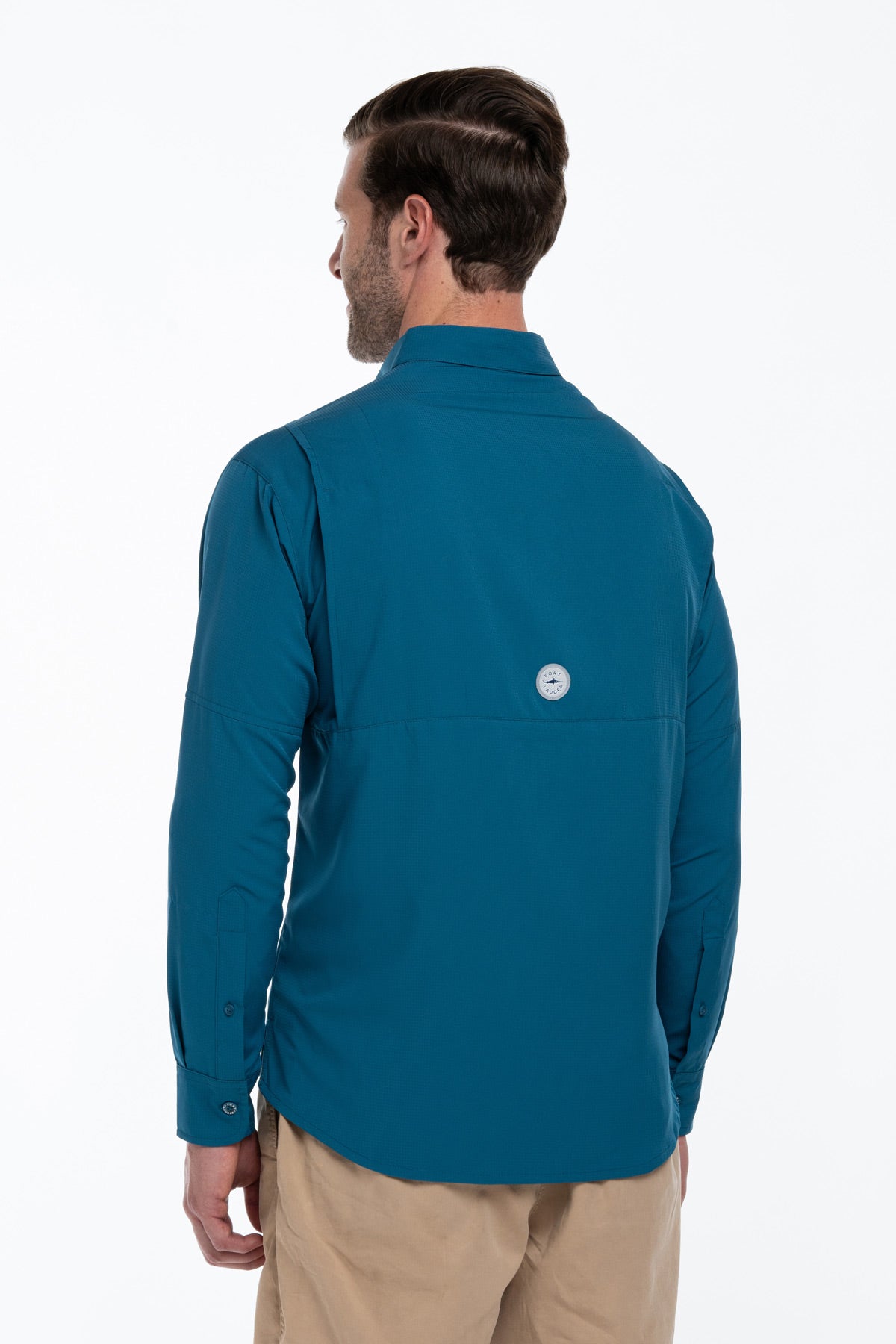 Camisa Tipo Pescador Hombre Manga Larga Color Azul Cenizo Fort Lauder lateral