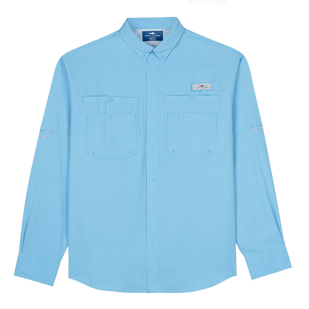 Camisa Tipo Pescador Hombre Manga Larga Azul Celeste Fort Lauder frente