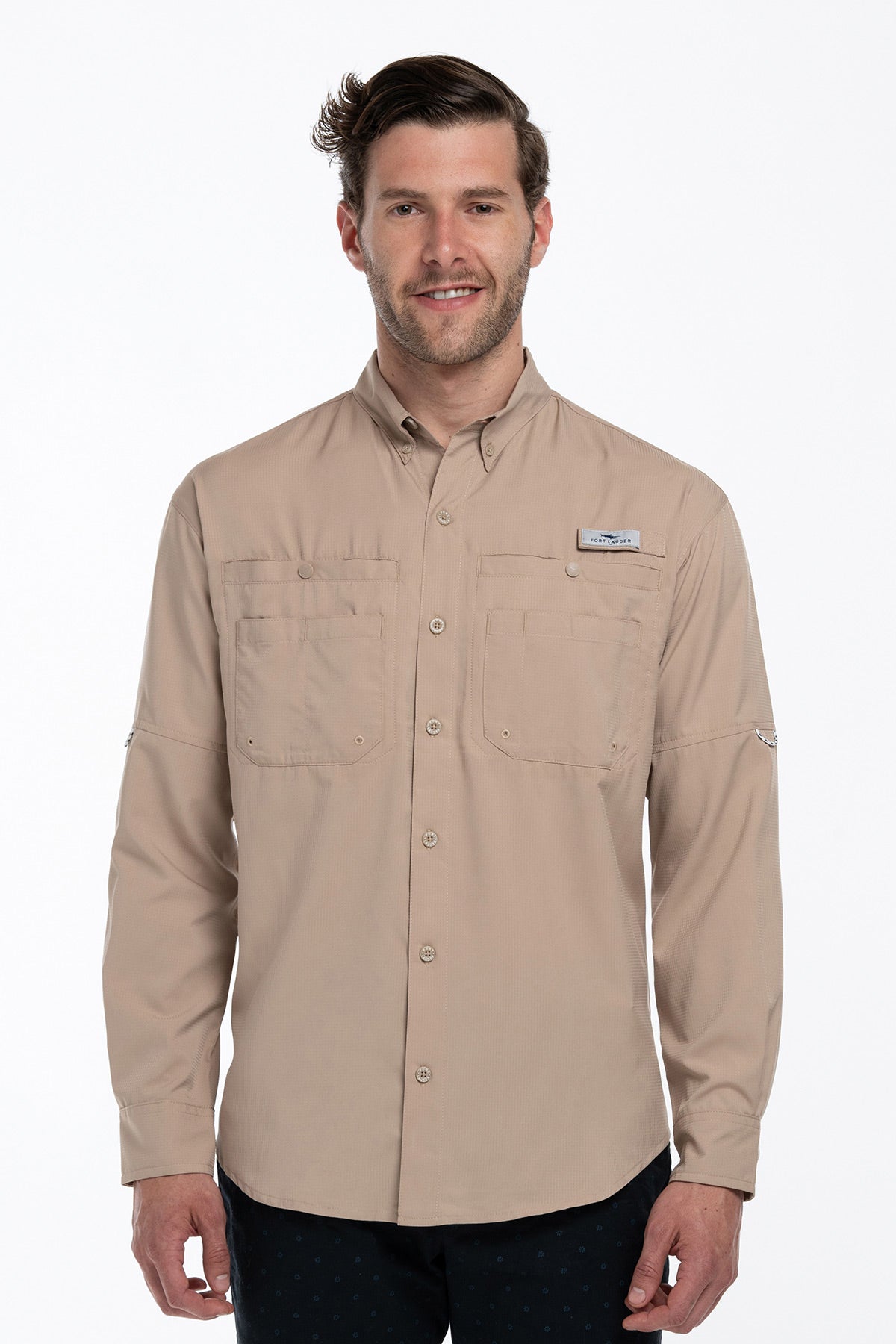 Camisa Tipo Pescador Hombre Manga Larga Color Kaki Outdoor Fort Lauder Frente