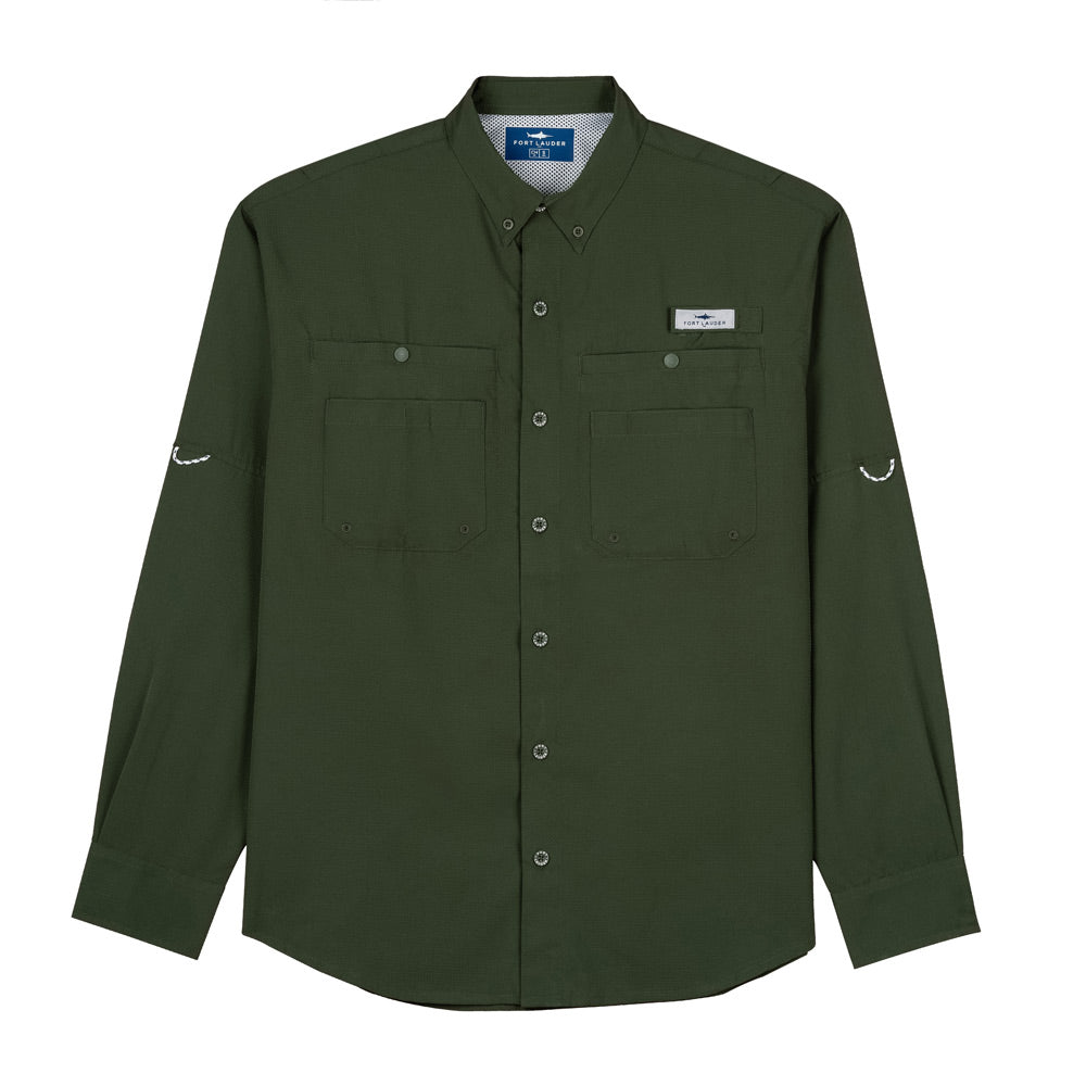 Camisa Tipo Pescador Hombre Manga Larga Color Verde Olivo Fort Lauder