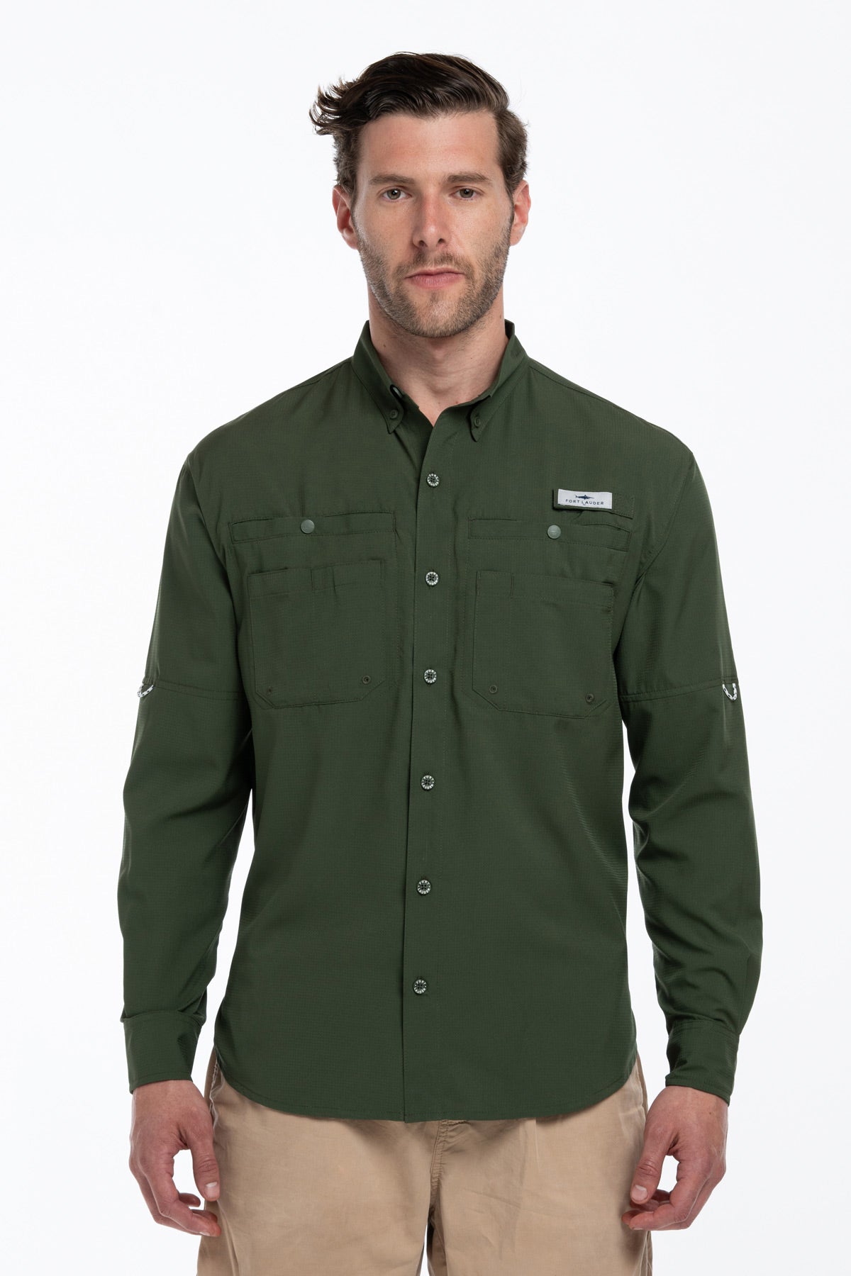 Camisa Tipo Pescador Hombre Manga Larga Color Verde Olivo Fort Lauder frente