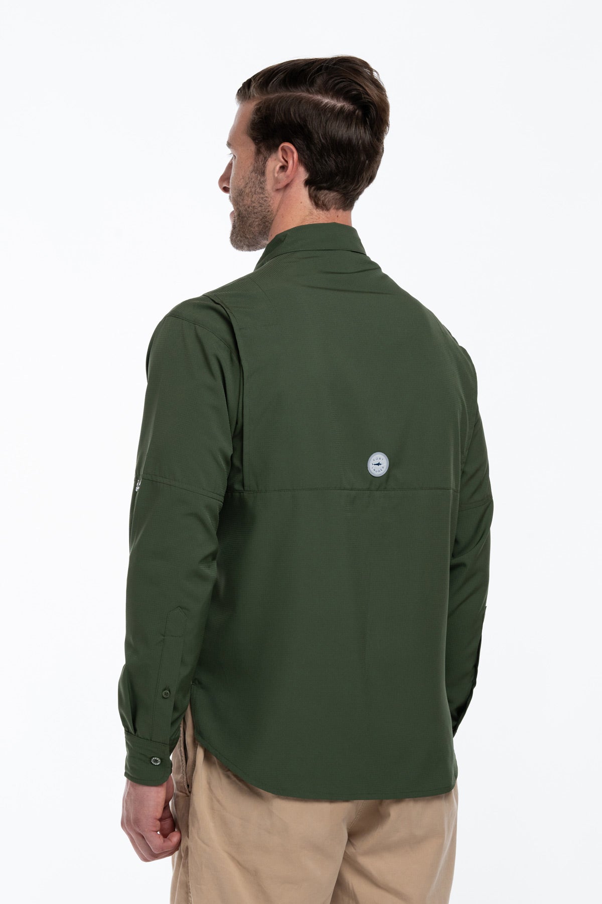 Camisa Tipo Pescador Hombre Manga Larga Color Verde Olivo Fort Lauder lateral