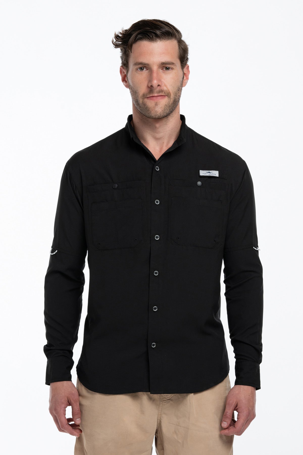Camisa Tipo Pescador Hombre Manga Larga Negra Fort Lauder frente