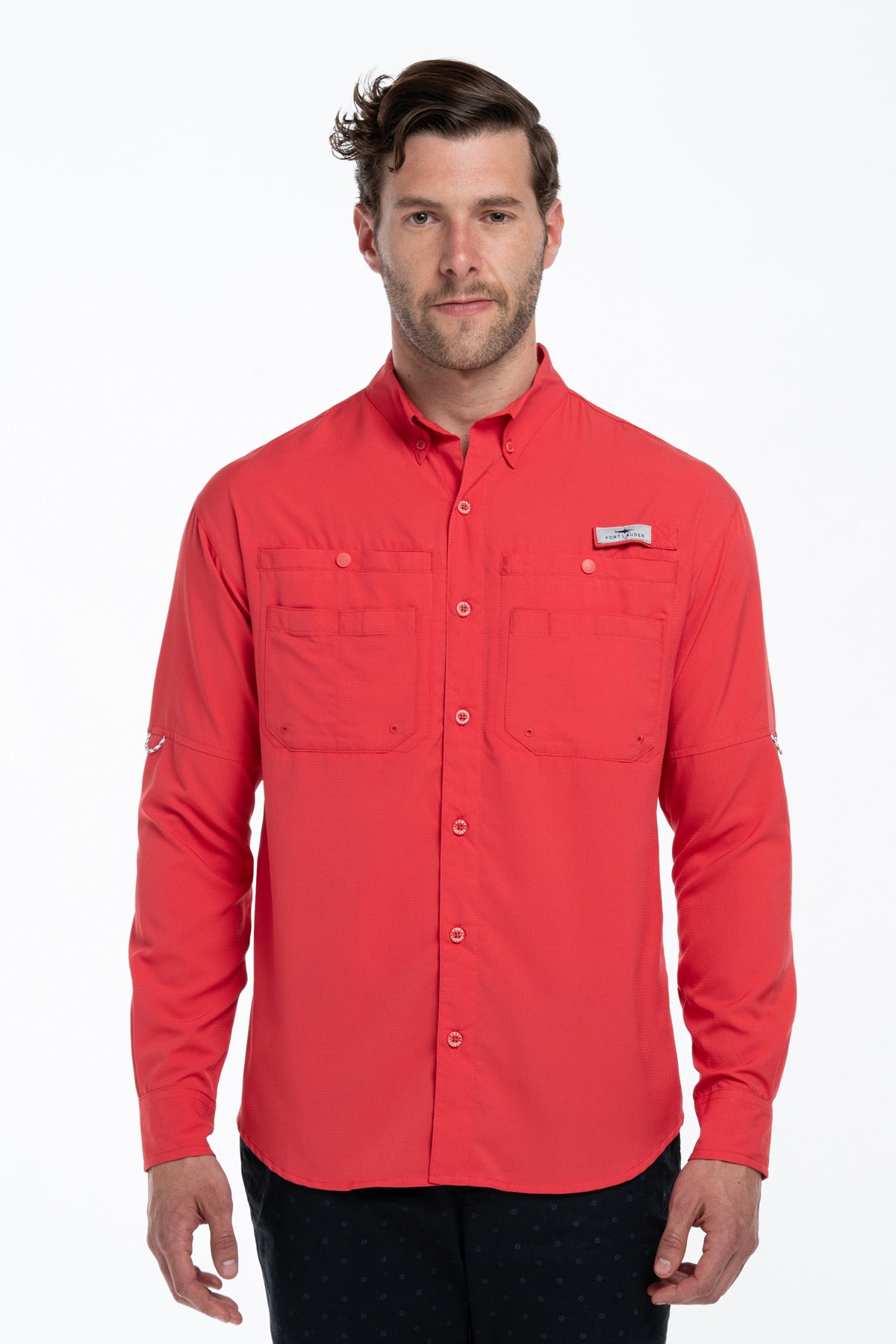 Camisa Tipo Pescador Hombre Manga Larga Roja Fort Lauder frente